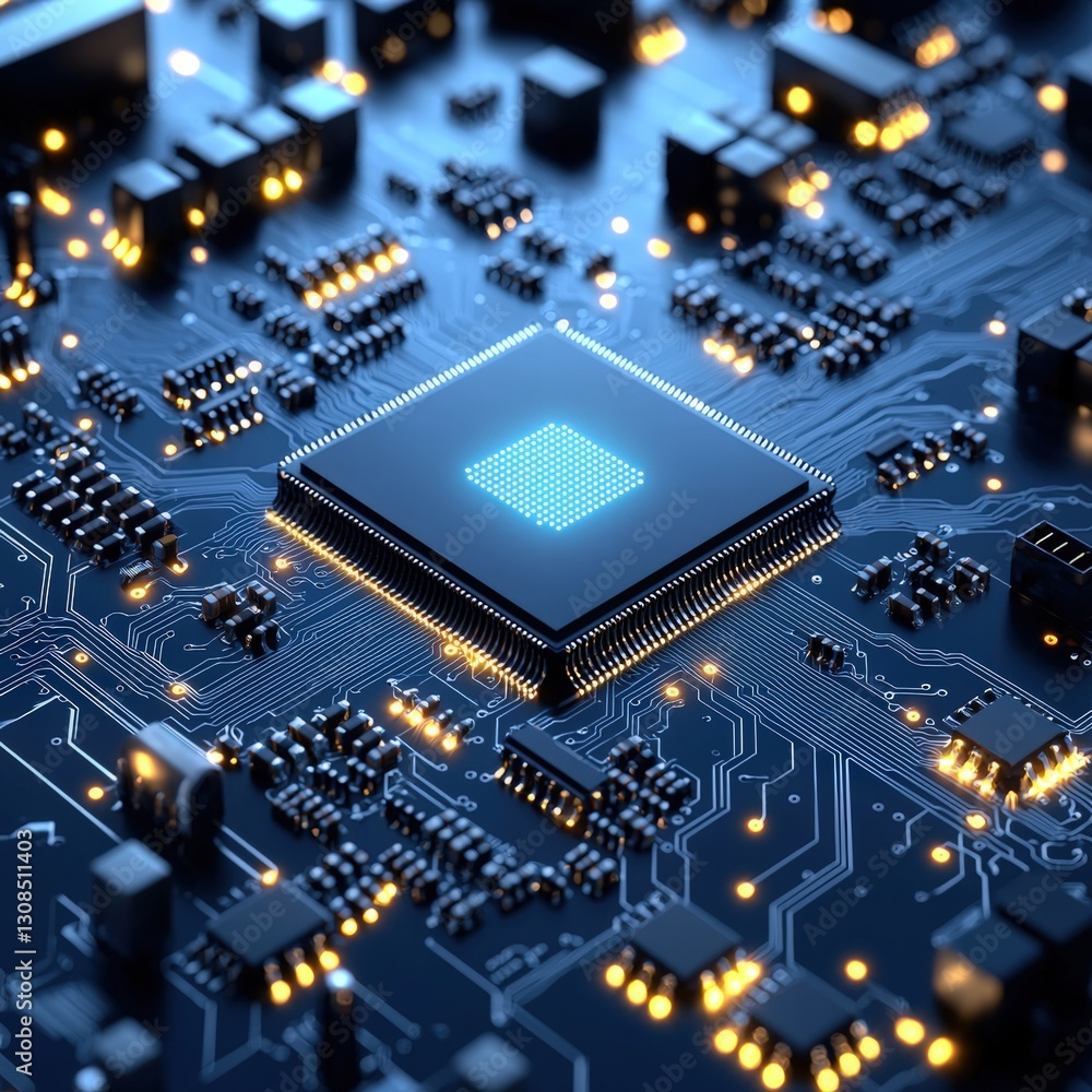 Poster close-up of a cpu chip mounted on a circuit board illustrating technology and electronics integratio