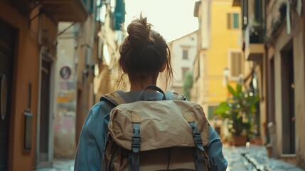 Fototapeta premium Woman with Backpack Walking Through Rustic Narrow Street in City
