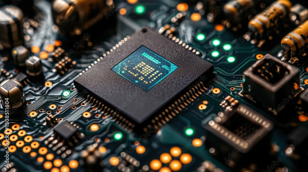 Poster detailed close-up of a circuit board featuring a tiny microprocessor and its complex connections