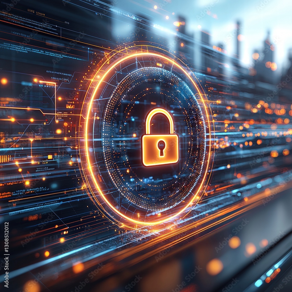 Poster secure padlock positioned on a digital interface representing cybersecurity and data protection conc