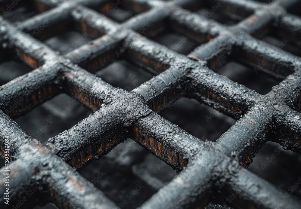 Poster close-up of industrial metal grid with rusty texture and dark surface highlighting the detailed cros