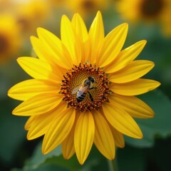 Obraz premium Busy bee collects pollen from giant sunflower's disc florets , bloom, bee, bright