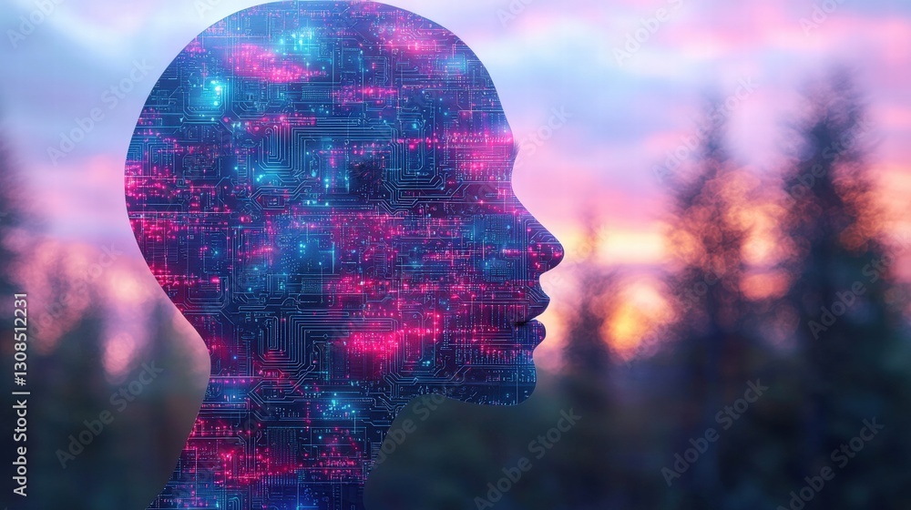 Poster artistic representation of a person's head with intricate circuit design forming a unique silhouette