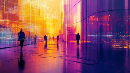 Silhouetted figures walking on a futuristic city street at sunset, vibrant colors and digital overlays.