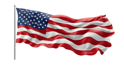 US American flag isolated on white and  transparent background, copy space, National holiday template, PNG.