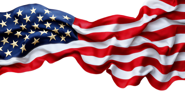 US American flag isolated on white and  transparent background, copy space, National holiday template, PNG.