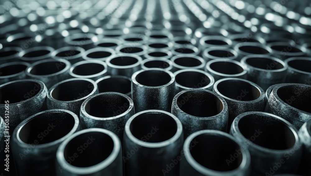 Poster close-up of industrial metal tubes with a textured surface arranged in a pattern on a factory floor 