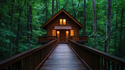 Cozy wooden cabin in serene forest setting with glowing lights and tranquil nature surroundings at dusk