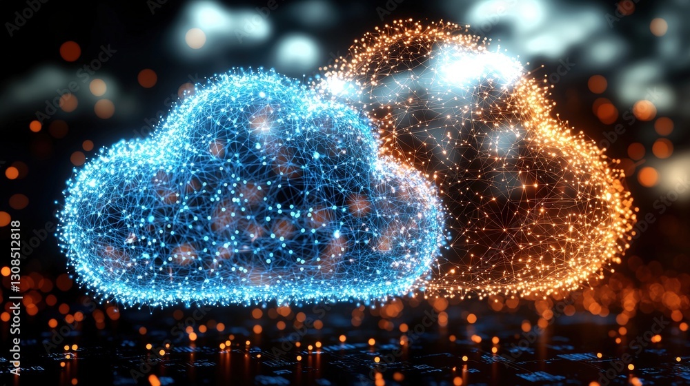 Poster a network of connected dots forming a cloud representing digital communication and technology