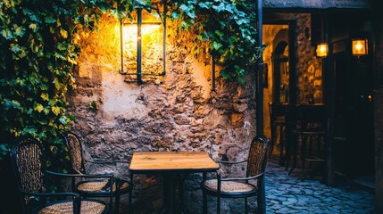 Rustic European Courtyard Caf&eacute; with Stone Walls and Ivy Climbing