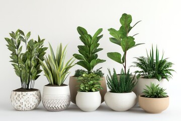 A collection of 3D-rendered houseplants in stylish ceramic pots.
