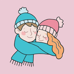 couple sharing scarves in isolated outline flat design