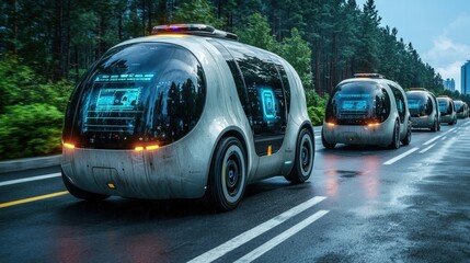 Bus driving down a scenic road surrounded by lush greenery and clear blue sky above