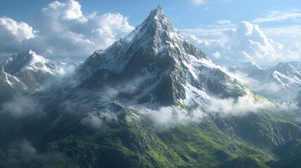 Snow-capped mountain peak with green foothills and cloudy sky