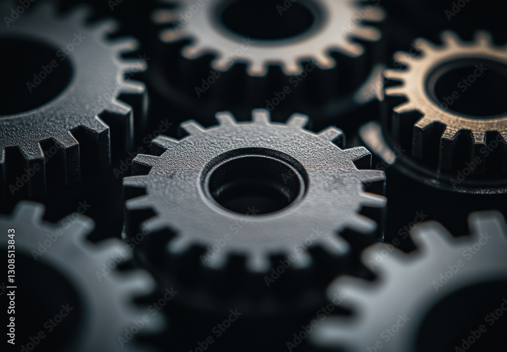 Aufkleber close-up of interlocking black metal gears on dark surface creating industrial background for mechan
