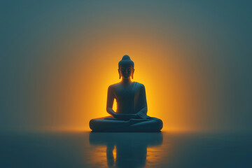 A simple, serene depiction of Buddha sitting in a meditative pose, centered against a soft gradient background