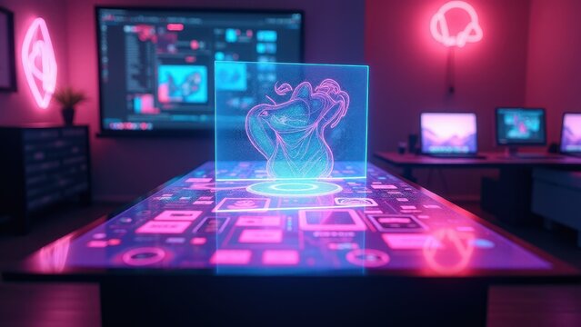 Transparent screen overlays, A glowing transparent screen floating over a tech desk with neon graphics holograms and cyberpunk vibes cinematic 4K cla