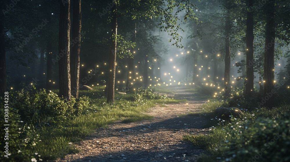 Poster magical forest path at dawn with fireflies illuminating the way.