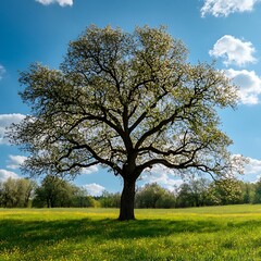Fototapeta premium Majestic tree in a sunny meadow, blue sky