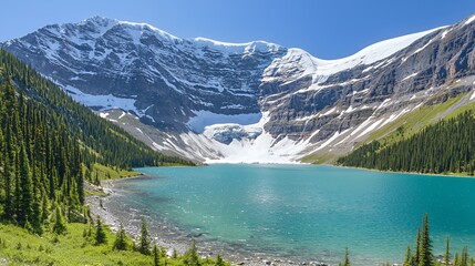 Serene Turquoise Alpine Lake with Snowcapped Mountains
