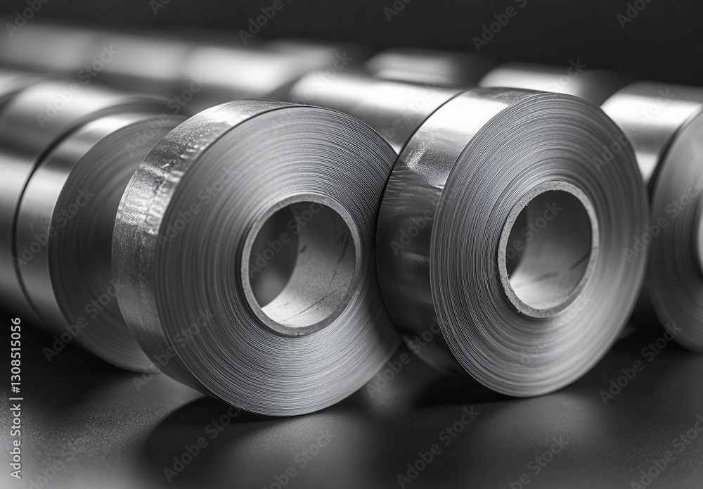 Poster close-up of modern steel rolls displaying smooth texture and reflective surface in a manufacturing e