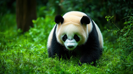 Obraz premium Giant panda walking in green grass