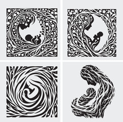 Art Abstract organic Wood Fiber pattern mother's love in a geometric style. white back stencil print, black and white, square shape, white background