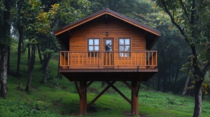 Charming wooden house on stilts surrounded by lush green forest and misty atmosphere in serene nature setting