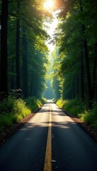 Naklejka premium Narrow asphalt road cuts through dense forest, sunlight filtering , drive, asphalt road
