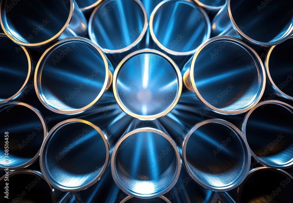 Poster close-up of reflective metal pipes arranged in a circular pattern with soft blue lighting and shiny 