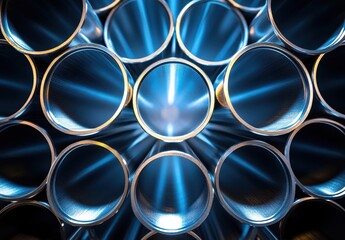 Close-Up of Reflective Metal Pipes Arranged in a Circular Pattern with Soft Blue Lighting and Shiny Surfaces for Industrial and Artistic Design Applications