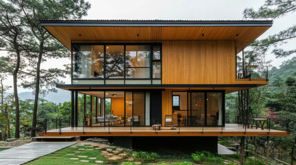 Modern wooden house with large windows in lush green environment