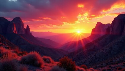 Sunrise paints Superstition Mountains fiery hues, Arizona, clouds