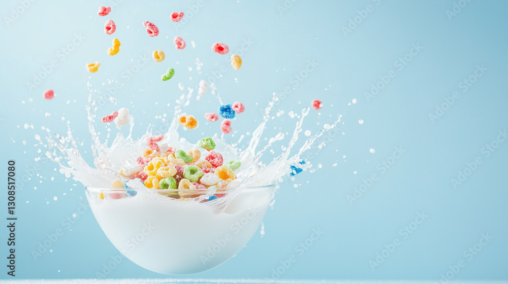 Poster cereal splash: a colorful cereal cascading into a bowl of fresh milk, creating a dynamic splash, cap