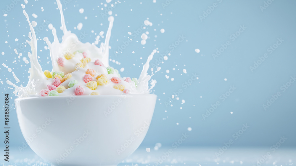 Poster marshmallow cereal splash: a burst of colorful marshmallow cereal explodes in a bowl of milk, creati
