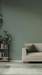 Interior scene with sofa, bookshelf, and green wall