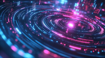 Futuristic data visualization with flowing neon lights and circular patterns