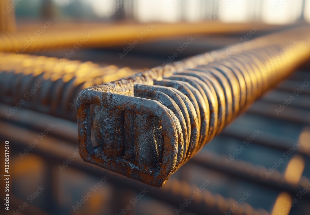 Poster close-up of rusty rebar in construction site capturing texture and detail of steel reinforcement bar