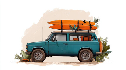 Fototapeta premium vintage blue SUV with surfboards on roof is surrounded by tropical plants, evoking summer adventure vibe. vehicle is packed with luggage, ready for beach trip