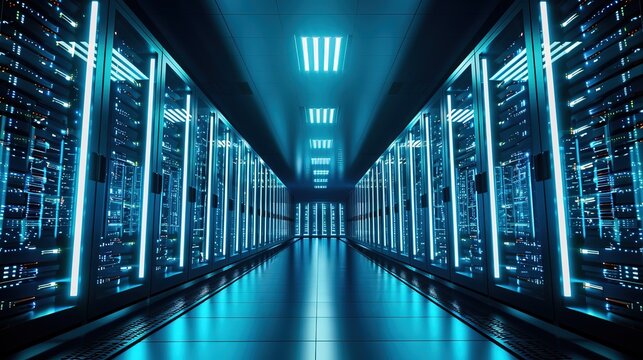 Futuristic supercomputer with glowing blue lights in a high-tech minimalist environment, showcasing advanced technology and innovation with ample copy space for design.