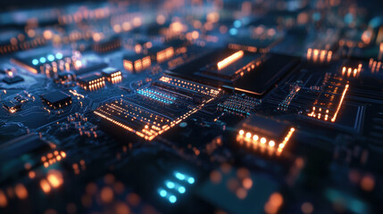 Detailed view of a complex electronic circuit board with glowing components.