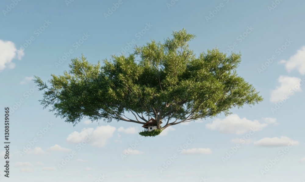 Poster tiny treehouse nestled in a floating tree among clouds, perfect for dreamlike concepts