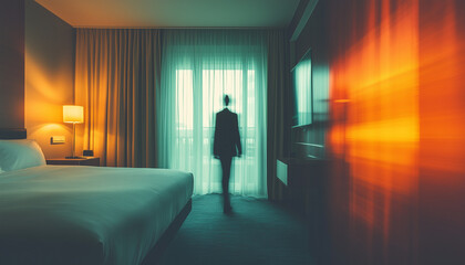 blurred view of person in hotel room walking to the window