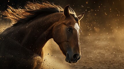 Majestic chestnut horse running, dust flying, golden sunlight.