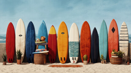 row of colorful surfboards stands upright on sandy beach, with clear blue sky and ocean in background, evoking vibrant summer vibe