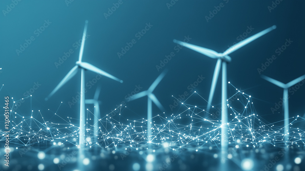 Poster sustainable power network: a striking image of wind turbines integrated with a futuristic network of