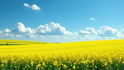 Obraz premium Speckled clouds drift, sunlit canola field blooms bright yellow , bloom, clouds