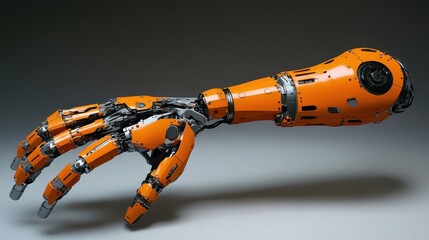 Naklejka premium Highly detailed robotic arm, orange and metallic. Perfect for tech, AI, and futuristic concepts.