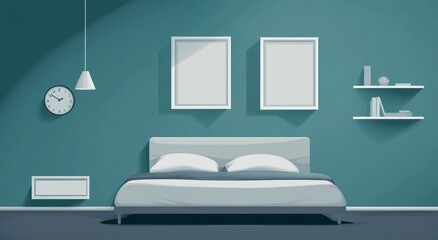 Modern bedroom interior with a teal wall, bed, and floating shelves. Empty picture frames are on the wall.