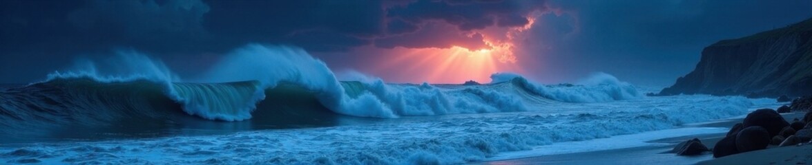 Naklejka premium Violent ocean storm, huge waves under a raging night sky , spray, turbulent, dark